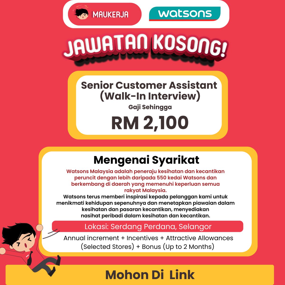 Jawatan Kosong di Watsons! (Assistant Supervisor) - Gaji sehingga RM1,950 - Incentives - Allowances - Bonus >>> bit.ly/3Nbr51t (Senior Customer Assistant) - Gaji sehingga RM2,100 - Incentives - Allowances - Bonus >>> bit.ly/3Ng8nGb