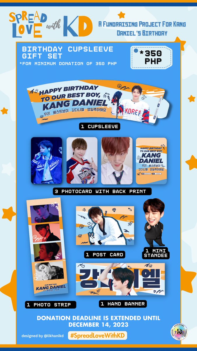 kangdanityph's tweet photo. 𝓢𝓹𝓻𝓮𝓪𝓭 𝓛𝓸𝓿𝓮 𝔀𝓲𝓽𝓱 𝓚𝓓
Fundraising Project For #KangDaniel’s  Birthday 

✨Design reveal of our CS Set!✨
Let’s spread love Danity!
Min. donation of ₱350, you’ll receive CS gift!

❗️Deadline of donation is EXTENDED❗️
Form:
🔗https://t.co/fXRp5HzD3A
#SreadLoveWithKD https://t.co/hzWTdNrf8d