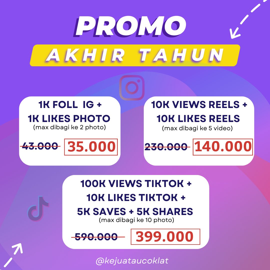 kejuataucoklat's tweet photo. Promo akhir tahun followers views likes tiktok dan instagram 🙌

#zonauang #zonajajan https://t.co/aPUuhbHdCL