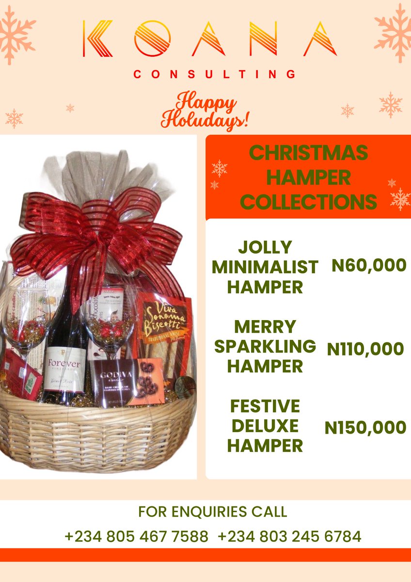 EdaraBecks's tweet photo. Celebrate the holiday spirit in style! 

KOANA Consulting has your back for expressing gratitude to employers, employees, colleagues, and clients. 

Contact us today and spread the joy!

Lagos, Nigeria. 

#gifts #hampers #holidayjoy https://t.co/37TMmRJFYY