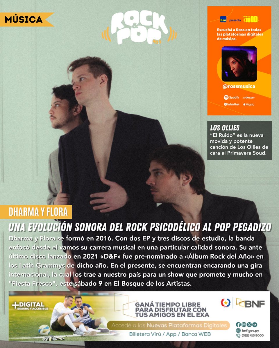 Tapa 06/12/2023 📆: <a href="/DharmayFlora/">Dharma y Flora</a> 🎸🇦🇷 se presentan en 🇵🇾 en el marco de una gira internacional que los hace aterrizar en #FiestaFresco ✨🎶

<a href="/LosOllies/">OLLIES.™</a> 🎸 estrenan «El Ruido» 🎶 como previa al <a href="/PS_Asuncion/">Primavera Asuncion</a> 🌸🎸

Leé más en: linktr.ee/rockandpoppy 📲

#RockandPop 🎸
#955FM ⚡