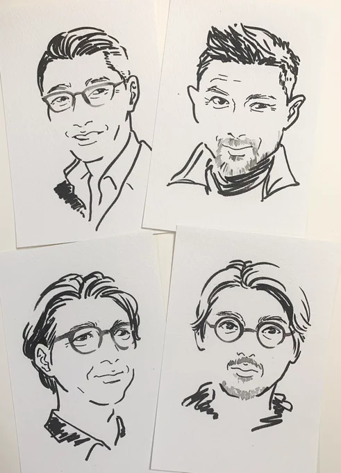 さっそく固形水彩を使ってメガネやヒゲを描いたダンディたち 
