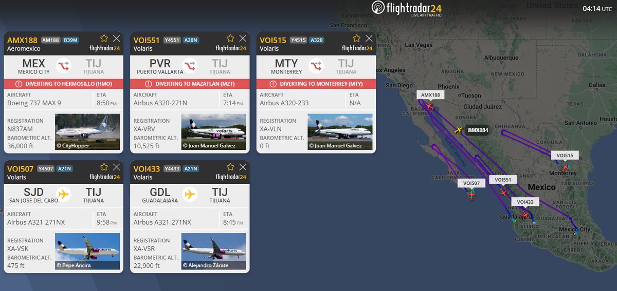 Lo insólito y que sigue pasando.
<a href="/AeropuertoTIJ/">Aeropuerto de Tijuana</a> una vez más cerrado por mal tiempo. Vean las vueltas en "U" de los vuelos y ahora ven a HMO y CEN. Lo que cuesta en dinero, en itinerarios a
<a href="/viajaVolaris/">Volaris</a> y <a href="/VivaAerobus/">Viva</a>. Pero sobre todo la experiencia de viaje de los pasajeros.