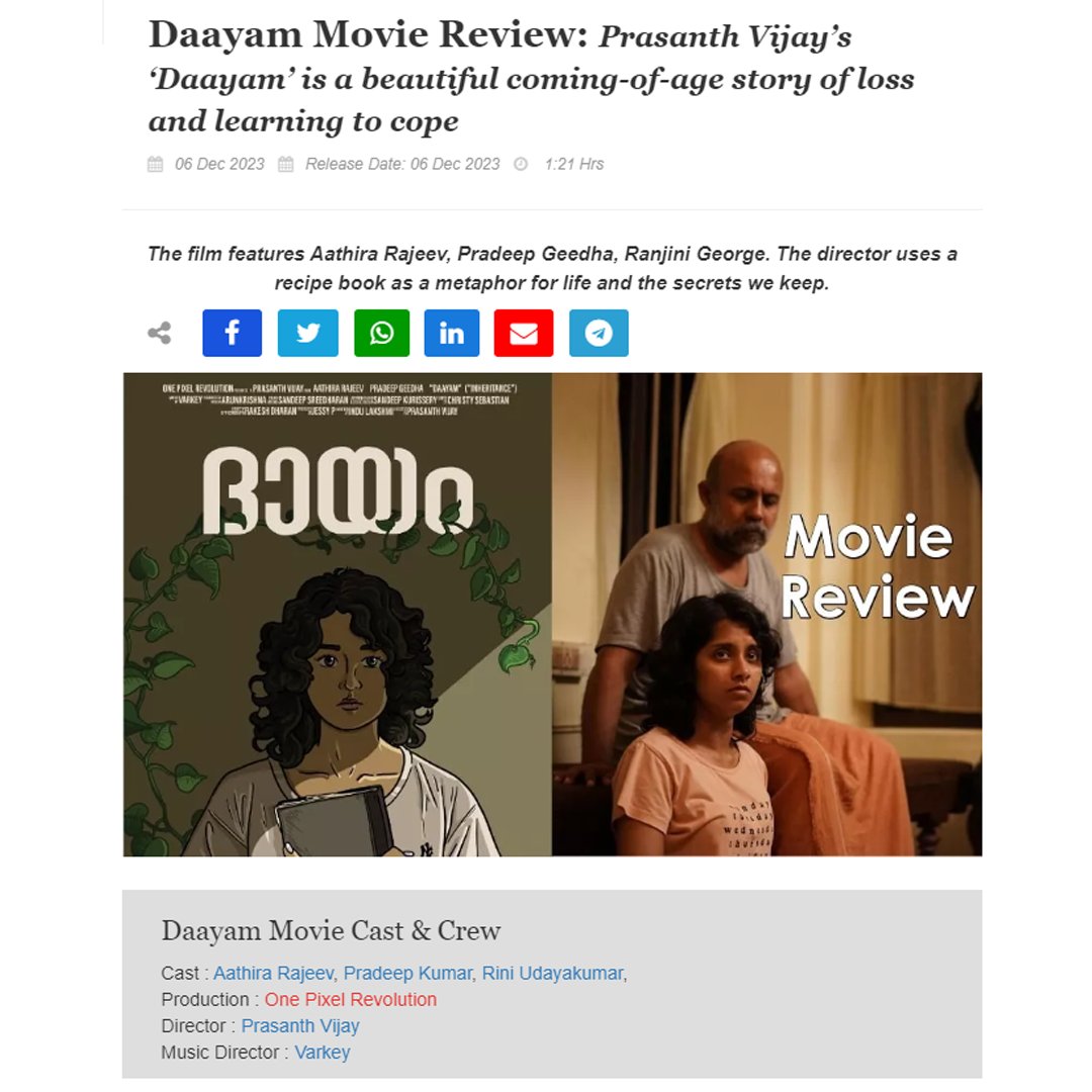 "a beautiful coming-of-age story of loss and learning to cope"

<a href="/baradwajrangan/">Baradwaj Rangan</a> on Daayam. 
galatta.com/malayalam/movi…

Watch the film at <a href="/iffklive/">International Film Festival of Kerala</a>
