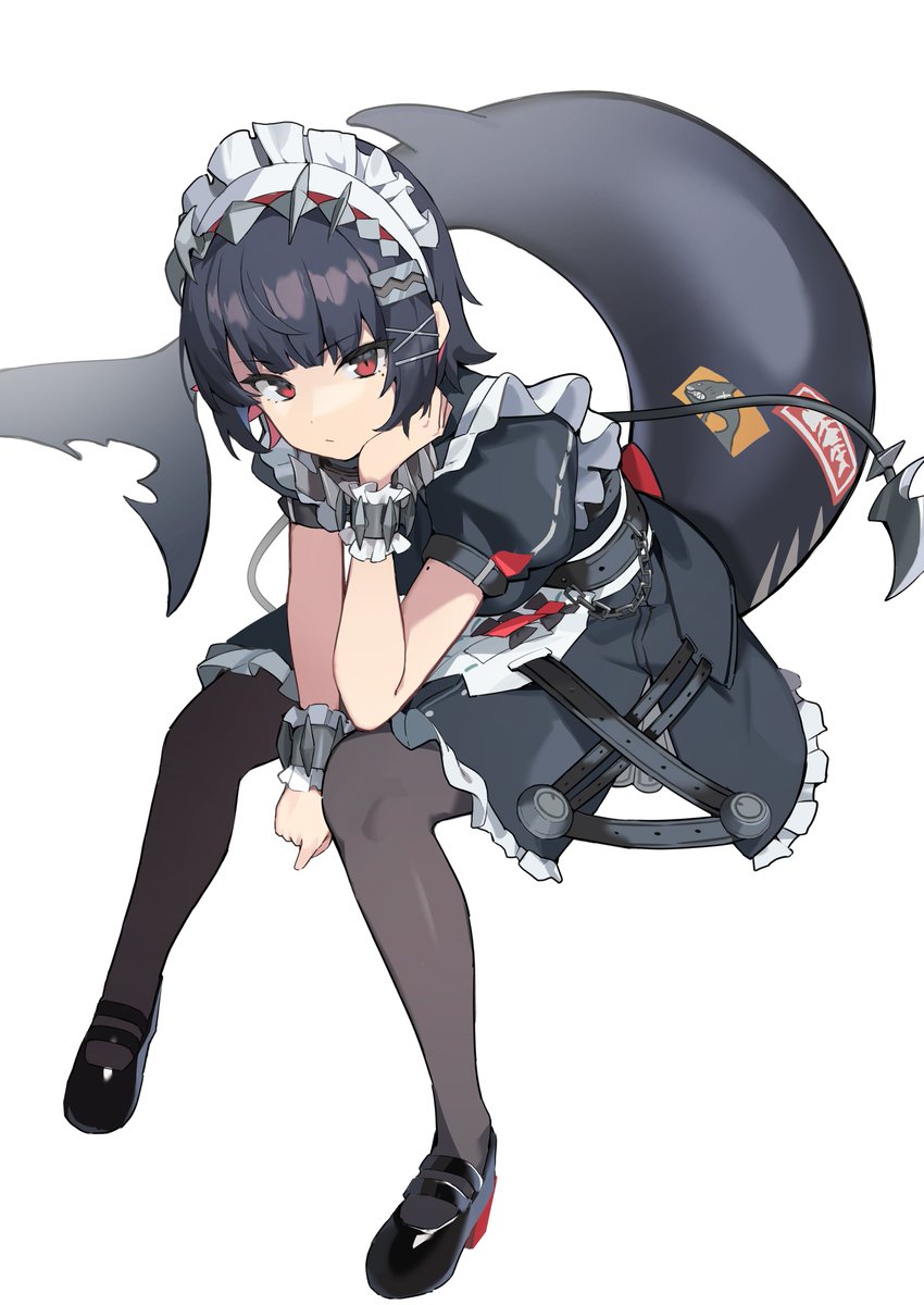 1girl solo tail red eyes maid maid headdress black hair  illustration images