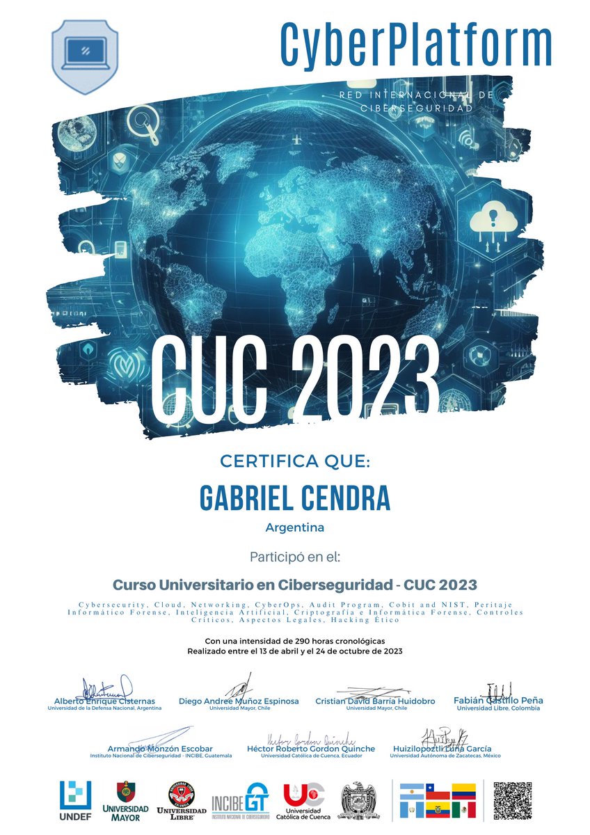 gocendra's tweet photo. Gran esfuerzo, resiliencia, tiempo y dedicación, una nueva certificación de la Red Internacional de Ciberseguridad, seis países buscando mas seguridad digital. Gracias a mi familia por apoyarme siempre. INCIBE Guatemala Universidad de la Defensa Nacional Universidad Mayor. https://t.co/WPqln4zMLS