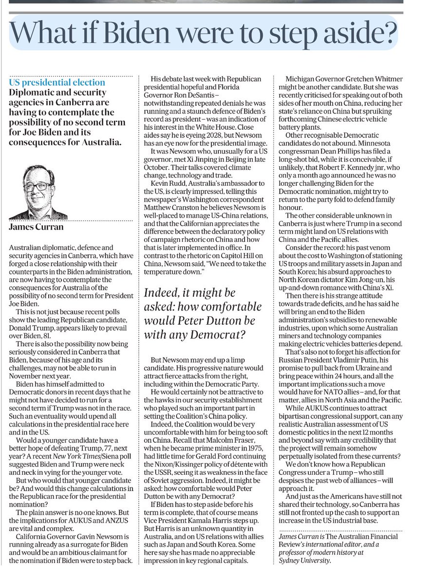 In today’s @FinancialReview, a speculative look into what it might mean for the Democratic Party, and the Republicans, in 2024 if Biden has to step aside. Prudent to at least consider what this means for Australia.