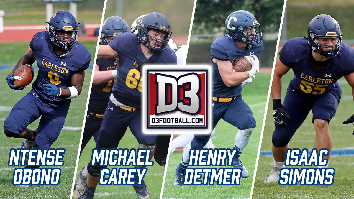 Carleton Knights (@carletonknights) on Twitter photo Congrats to <a href="/carletonfb/">Carleton Football</a>'s Ntense Obono (TE), Michael Carey (DE), Henry Dettmer (S), and Isaac Simons (LB) on their selection to the <a href="/D3football/">D3football.com</a> All-Region Teams!
Release: ow.ly/UA9x50QgbLc
#d3fb Congrats to <a href="/carletonfb/">Carleton Football</a>'s Ntense Obono (TE), Michael Carey (DE), Henry Dettmer (S), and Isaac Simons (LB) on their selection to the <a href="/D3football/">D3football.com</a> All-Region Teams!
Release: ow.ly/UA9x50QgbLc
#d3fb