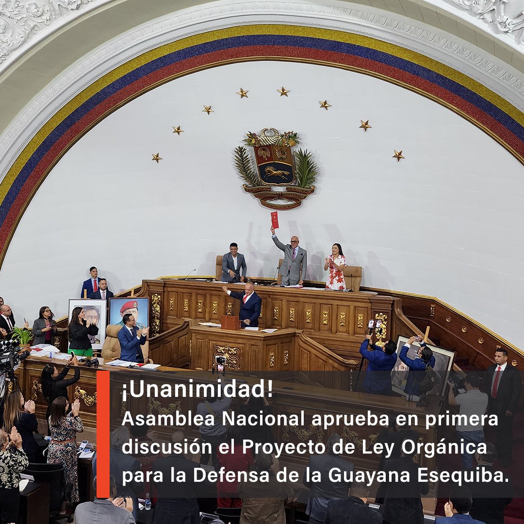 Por unanimidad, la Asamblea Nacional aprueba en primera discusión el proyecto de Ley Orgánica para la defensa de la Guayana Esequiba.
#EsteEsMiMapa #VictoriaEsequiba