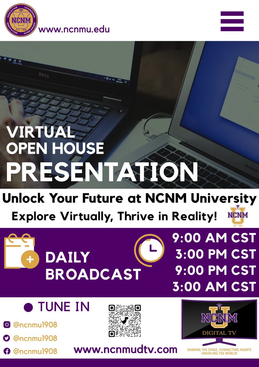 ncnmu1908's tweet photo. 🌟 Tune In and Transform Your Future with NCNM University! 🌿✨📆 Daily Virtual Open House: Unveiling Your Path to Success!🕒 Streaming Live on NCNMU DTV 🌐 Watch Online at 
👉https://t.co/7HRZqWCVk3 #OpenHouse #HolisticHealthcare #FutureLeaders #VirtualEvent #ncnmu1908 #ApplyNow https://t.co/2kVBX5Br3M