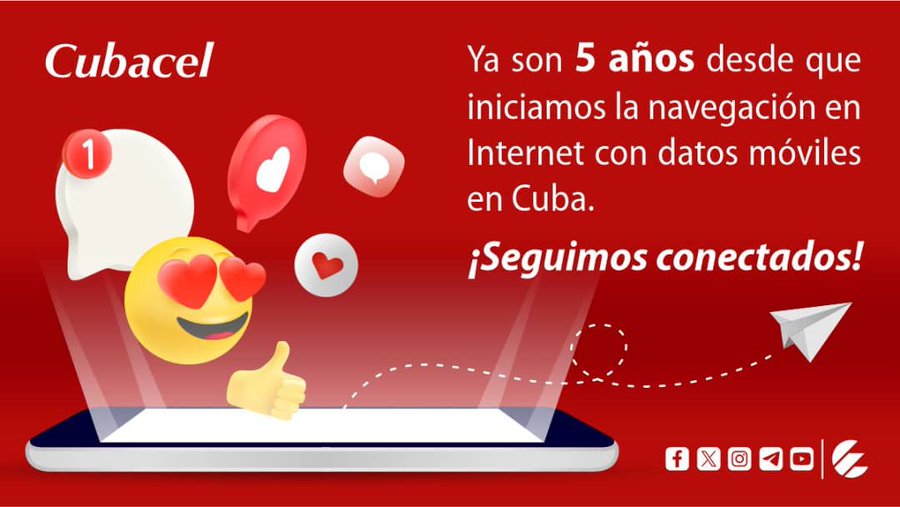 Nuestras cifras a 5 años de lanzar Internet en el 📱
👉+6,5 millones de usuarios pueden hacer uso de internet
📈+2,2 millones de usuarios  se conectan simultáneamente
📌+5,8 millones de usuarios lo pueden hacer sobre 4G.
<a href="/ETECSA_Cuba/">ETECSA</a>
#Cuba
#CubaInformatiza