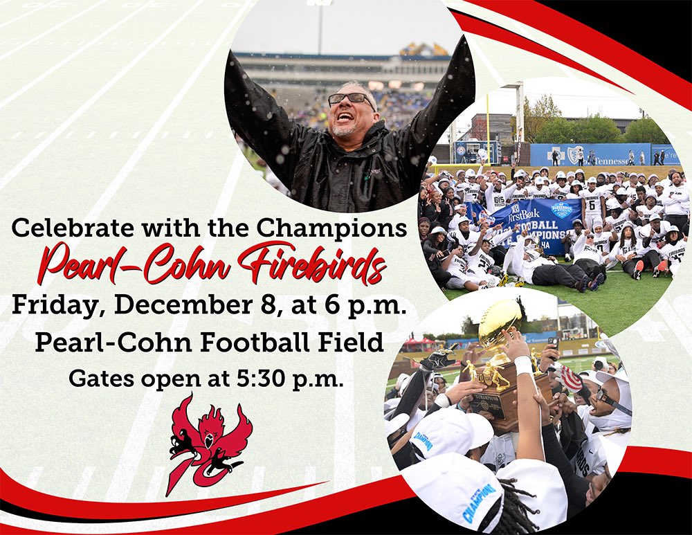 PearlCohnHS's tweet photo. Calling all members of PCNATION 🗣️📣!! Come celebrate with the Champions🏆! This is the event that you don’t want to miss!!! Save the date and meet us in the stadium on Friday, Dec. 8 at 6:00 p.m.!  #WeArePearlCohn #ExcellenceLivesHere https://t.co/57HAcrjb4V