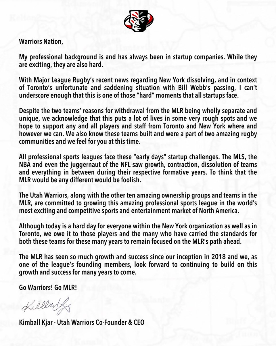 Our CEO and co-founder Kimball Kjar has made the following statement regarding the departure of New York and Toronto from the MLR. 

#ForTheNation