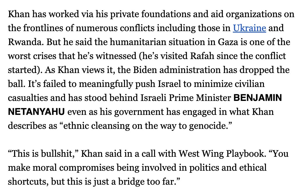 ryangrim's tweet photo. Amed Khan, a major Biden donor, is bailing on Biden over his failure/refusal to rein in Israel's assault on Gaza: "You make moral compromises being involved in politics and ethical shortcuts, but this is just a bridge too far.” https://t.co/4O6N0uEtJ3