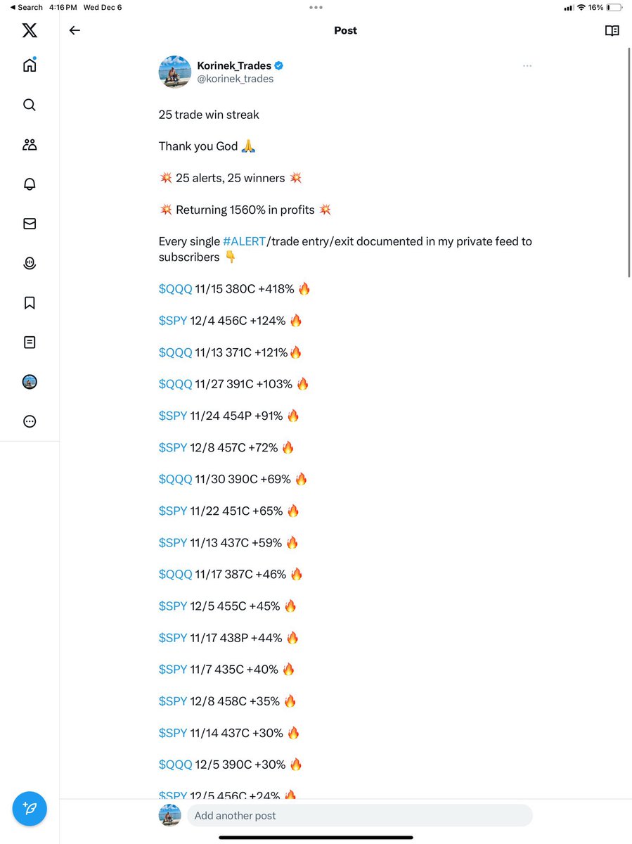 korinek_trades's tweet photo. This is the result of discipline

25 alerts, 25 wins

Not a single loss in 25 trades

I waited

Waited for my A+ setup/edge

1560% in returns given 

I’ve retired members from their full time jobs

Turned surgeons/doctors into traders

Blessed 🙏 https://t.co/unURaO0F0R