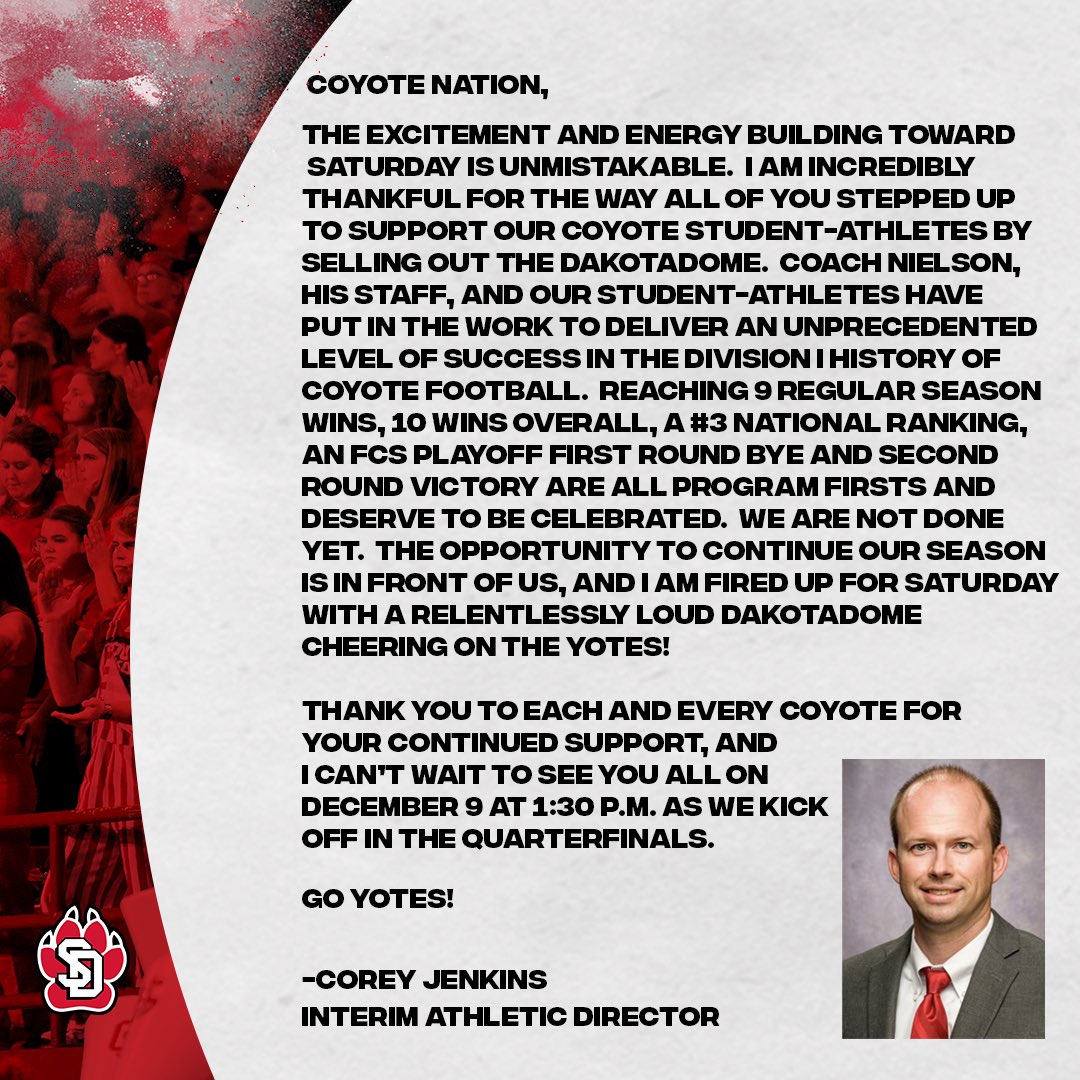 SDCoyotes's tweet photo. A message from interim athletic director Corey Jenkins. https://t.co/RExx2hkd2P