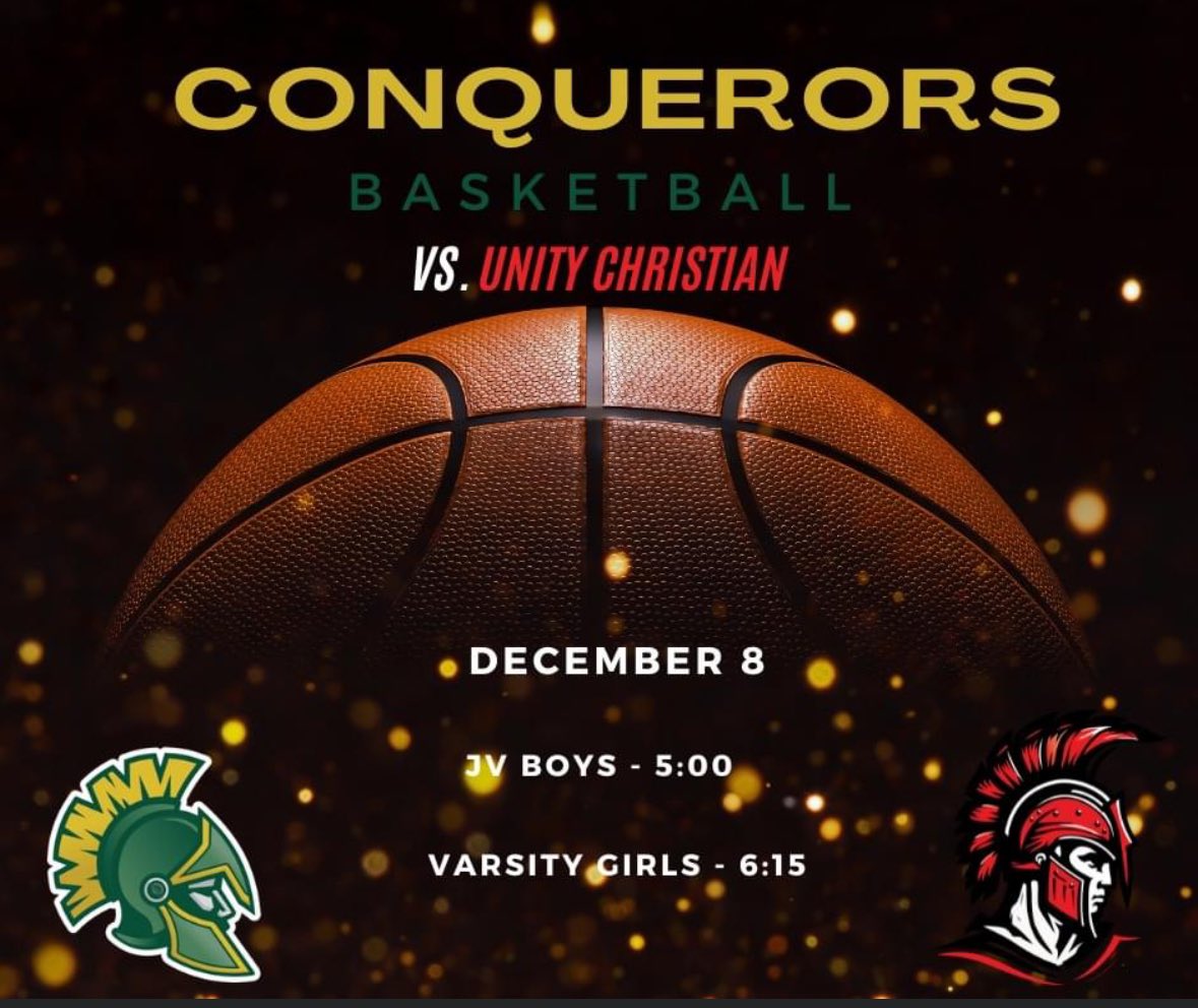 Come out on Friday and support the JV boys and Varsity girls as they square off against the Warriors of Unity Christian. Tip-off is at 5:00pm. We hope to see you there! #GoConquerors!