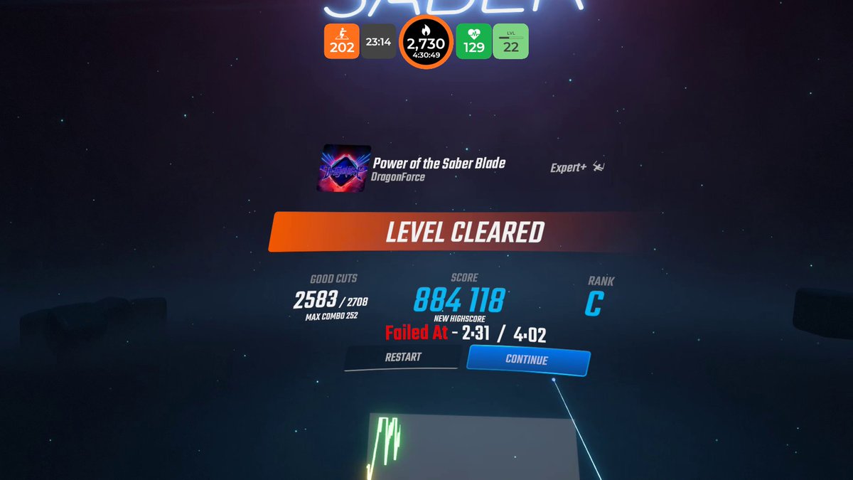blaze_5161's tweet photo. Good night! 🌃

I still haven't attained the Power of the Saber Blade despite playing the game since 2018. 😭😅 This is the one OST map I can't pass.

Finished a 4.5-hour session with #BeatSaber, burning ~2395 kcal.🔥
Thanks for all the ❤️ during my 21th stream.🤗

#VR #VRFitness https://t.co/cIa0lTsmPP