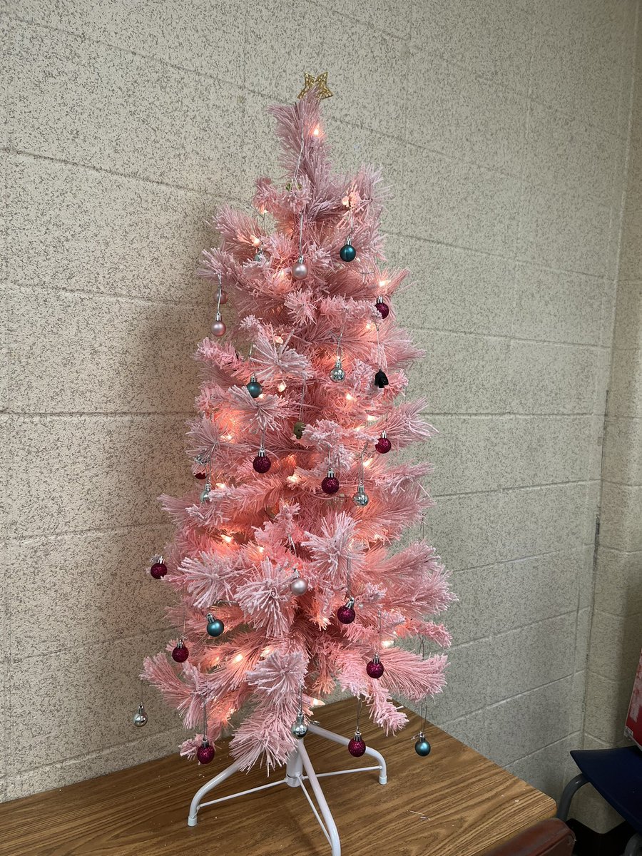 md_shelton's tweet photo. Put up a Christmas tree in my classroom with the help of a fellow teacher and my advisory students. Pink of course! 😈 It has a baby Yoda figurine!  #MayTheForceBeWithYou #AMSColts #HolidaySeason https://t.co/DNt7A0LA8Z