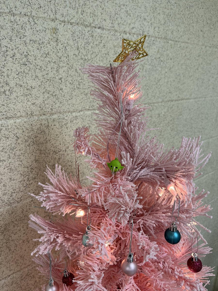md_shelton's tweet photo. Put up a Christmas tree in my classroom with the help of a fellow teacher and my advisory students. Pink of course! 😈 It has a baby Yoda figurine!  #MayTheForceBeWithYou #AMSColts #HolidaySeason https://t.co/DNt7A0LA8Z