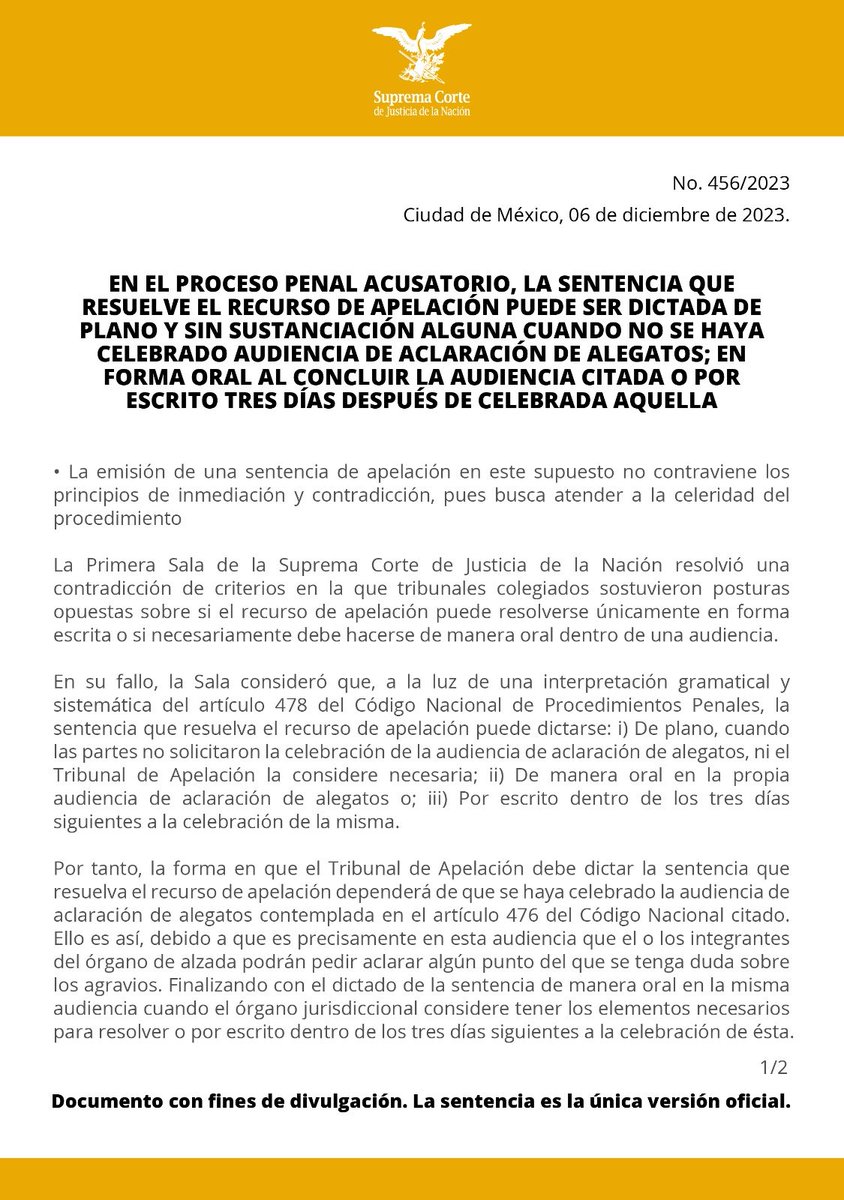 SCJN's tweet photo. La sentencia de apelación en el proceso penal acusatorio puede ser dictada de plano cuando no se haya celebrado audiencia de aclaración de alegatos en forma oral al concluir ésta o por escrito tres días después de celebrada la misma: #PrimeraSalaSCJN https://t.co/NjpFU4Evgp https://t.co/zoK6iThPX7