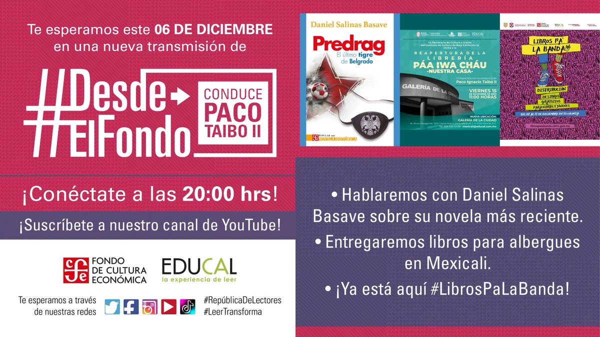 FCEMexico's tweet photo. Hoy en #DesdeElFondo, nos acompaña @DanielBasave para hablar de nu novela más reciente "#Predrag". Además, te compartimos información de nuestra próxima entrega de libros a albergues en #Mexicali; y ¡ya está aquí #LibrosPaLaBanda!
A las 20 hrs por nuestro canal de #YouTube. https://t.co/1xRP21Dkqc