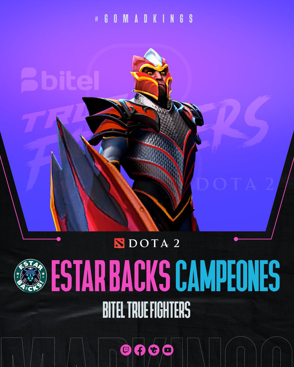 madkingsesports's tweet photo. Estar Backs campeones de la Bitel True Fighters 🔥
El equipo del capi Stinger logra ganar el tercer juego en tan solo 25 minutos y se proclama campeón al vencer a Infinity con un 3-0 contundente. 😱
#esports #gaming #Dota2 #4desports #BitelTrueFighters @Esports4d https://t.co/MJrQM1DLME