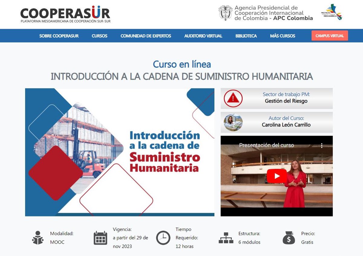 AMEXCID's tweet photo. 📸Acompañamos el lanzamiento de la 3ª edición en idioma español y 1ª en inglés del curso en línea “Introducción a la Cadena de Suministro Humanitaria”, una iniciativa del @P_Mesoamerica coordinada conjuntamente con el Centro Logístico Regional de Asistencia Humanitaria #CLRAH en Panamá.