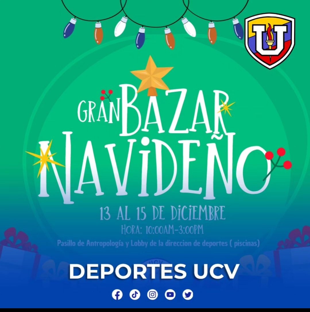ddeportesucv's tweet image. Estamos muy felices de invitarte a nuestro Primer Bazar Navideño.
Tendremos: Gran variedad de comidas saludables y ricas de la temporada.
Lugar: Pasillo de Antropología y también en el Lobby de dirección de deportes (piscinas) 📍
Horario: 10:00am- 3:00pm ⏰