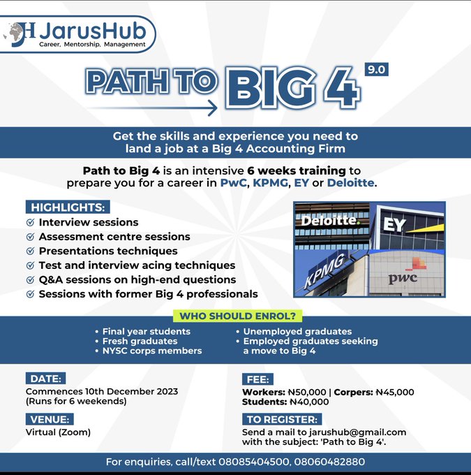 GOAdedokun's tweet photo. 🌟 Exciting Opportunity Alert! 🌟

Hey #CareerDreamers! 🚀 I'm thrilled to announce that I'm sponsoring 10 lucky followers for the incredible "Path to Big 4" course by JarusHub Careers! This is your chance to elevate your career game and make a mark in the professional world. 🌐💼

Who is this for? Well, if you fit into any of these categories, you're in luck:

 - Final Year Students / Fresh Graduates Not Yet Mobilized for NYSC
 - NYSC Corp Members
 - Unemployed Graduates

Interested? Here’s how you can grab this golden ticket: 🎟️✨
🤝     Follow me (if you haven't already!)
🔄     Retweet this post to spread the word
📝     Fill out this quick form: https://t.co/gT9EnFyv3R

And that's it! Winners will be announced right here on Friday, December 8, 2023. 🎉. Get ready for a journey that could transform your career path! 🌈
#PathToBig4 #JarusHub #CareerGrowth #OpportunityKnocks 🌟🚀

cc: @SirJarus @maclatunji