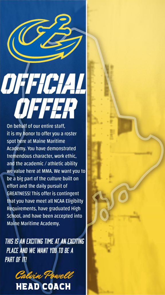 Blessed to receive an official offer from Maine Maritime Academy thank you <a href="/coachcalpowell/">Calvin Powell</a> <a href="/CoachRulli/">Ben Rulli</a>