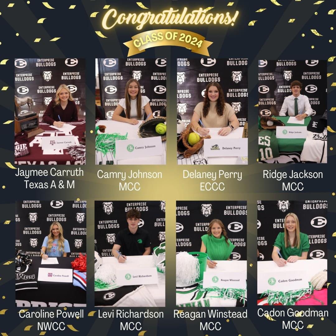 Signing Day ‘23 Congrats to Ridge Jackson (MCC Baseball), Jaymee Carruth (Texas A &amp; M Equestrian), Delaney Perry (ECCC Softball), Camry Johnson (MCC Softball), Reagan Winstead (MCC Soccer), Caroline Powell (NWCC Cheer), Levi Richardson (MCC Soccer), Cadon Goodman (MCC Soccer)!