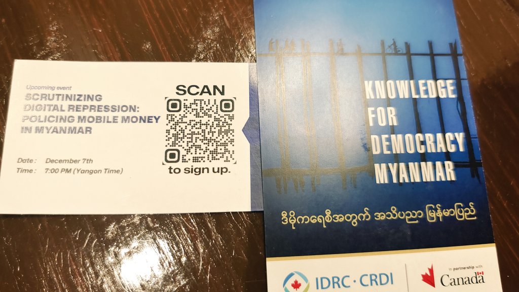 Tomorrow Dec 7 (7pm MM time; 6pm IST; 7:30 am EST). Final 2023 #IHRDG talk on #DigitalRepression: A collaborative @IDRC_Myanmar team of researchers discusses alternative online financial systems 4 pro-democratic groups to support #DigitalSecurity.
Sign up us06web.zoom.us/webinar/regist…