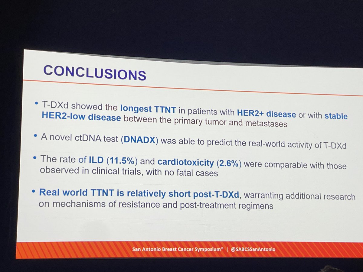 nlinmd's tweet photo. Great talk by ⁦@PTarantinoMD⁩ ⁦@DFCI_BreastOnc⁩.
-Time to next tx (TTNT) was:
-Longest in HER2+, shortest in HER2-0
-Shorter if loss of HER2 low between primary and met
-associated with result of DNADX plasma assay https://t.co/xNJKIjCJFb