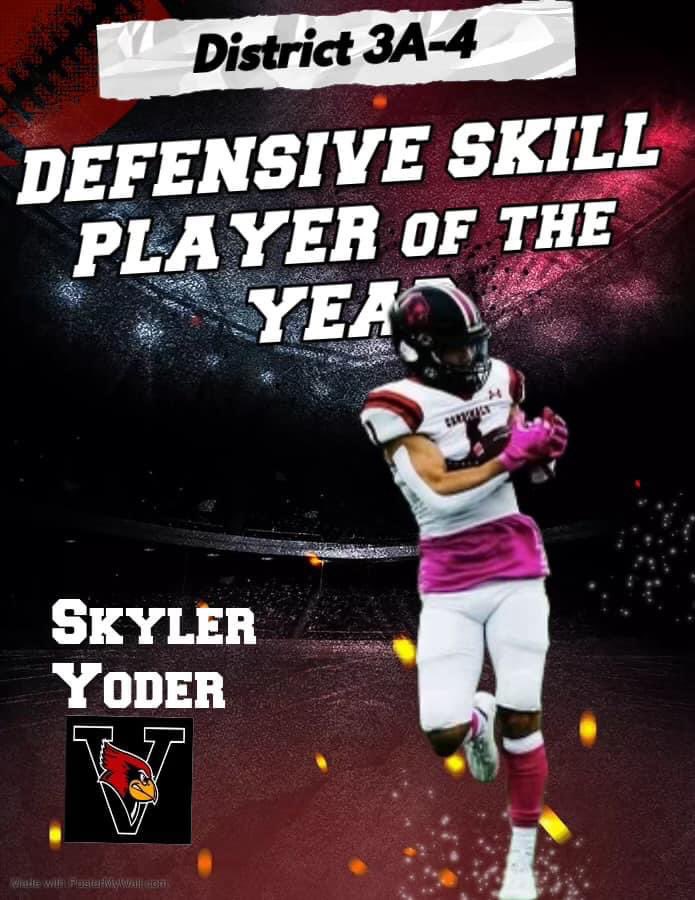 Vps_football's tweet photo. Congratulations to Skyler Yoder, District 3A-4 Defensive Skill Player of the Year! https://t.co/Ipe0Zkz5M9