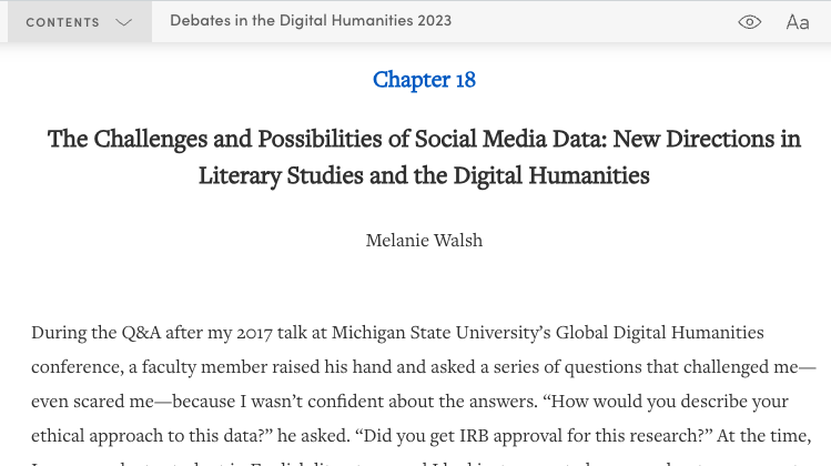 mellymeldubs's tweet photo. For the latest volume of Debates in the Digital Humanities, I wrote about the promises and challenges of social media data.

My essay (and the entire volume) is now free and open-access

https://t.co/jWamvioEdK https://t.co/oRfILcY4hd