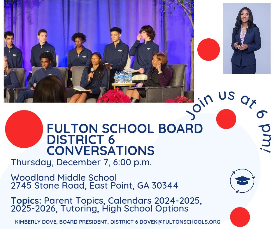 Wonderful Wednesday: Tomorrow, visit Woodland Middle School and join school board member and President Kimberly Dove to discuss School Calendars 24/25 and 25/26, tutoring, and high school options. #expectthebest #fultonproud