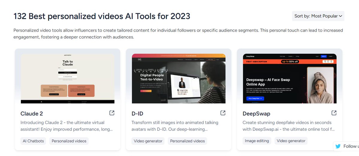 freework_ai's tweet photo. 🏆 132 Best personalized videos AI Tools for Dec 2023

1. Claude 2
2. D-ID
3. DeepSwap
4. InVideo
5. Podbean
...

All details and the rest of the rankings:
https://t.co/1QAgVGbA2L https://t.co/Q9caglw9z7