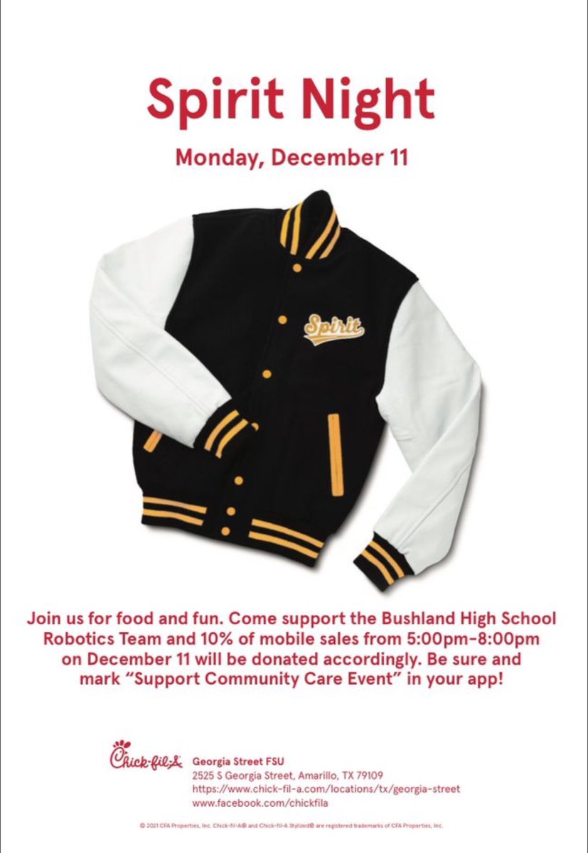 Take the family to the Georgia Street Chick-Fil-A Monday night and support Bushland Robotics!  For the kids to get the 10% donation, you’ll need to order through the app, and mark “Support Community Care Event.” 🦾🤖💛🖤 <a href="/bushlandhs/">Bushland High School</a>