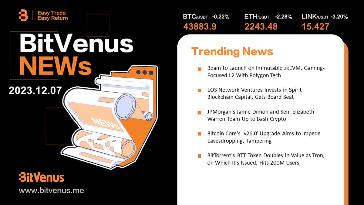 BVOX_global's tweet photo. BitVenus News
#Beam #Immutable #zkEVM #Polygon #EOSNetworkVentures #SpiritBlockchainCapital #JPMorgan #JamieDimon #ElizabethWarren #CryptoCriticism #BitcoinCore #Upgrade #BitTorrent #BTTToken #Tron #CryptoNews #BlockchainUpdates https://t.co/24hhbUpp0Y