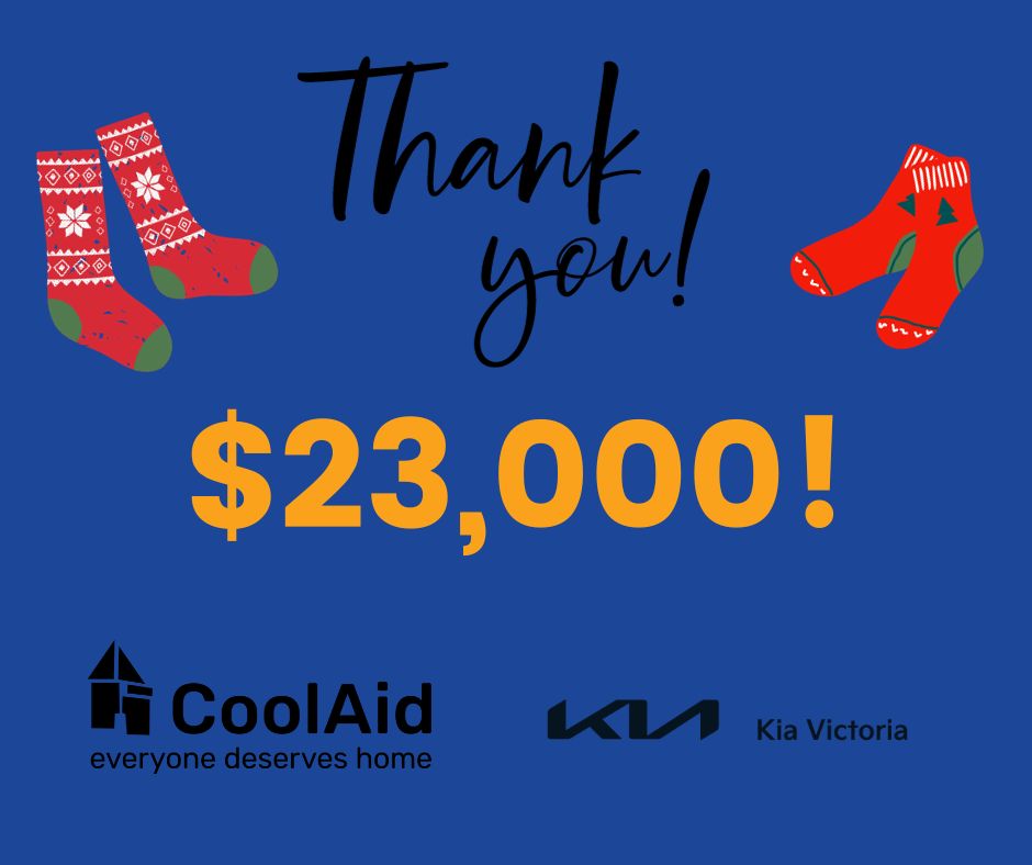 Cool Aid (@viccoolaid) on Twitter photo We just wrapped up our 10,000 Socks campaign and we're excited to announce a total of $23,000 raised!
Funds raised above what was needed to buy socks will purchase warm winter clothing and gear.
THANK YOU for keeping people warm and safe this winter! <a href="/kiavictoriabc/">Kia Victoria</a> We just wrapped up our 10,000 Socks campaign and we're excited to announce a total of $23,000 raised!
Funds raised above what was needed to buy socks will purchase warm winter clothing and gear.
THANK YOU for keeping people warm and safe this winter! <a href="/kiavictoriabc/">Kia Victoria</a>