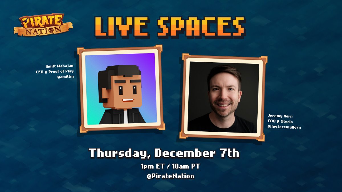 PirateNation's tweet photo. Join us tomorrow for a live Spaces session between our co-founder &amp; CEO, @amittm, and @HeyJeremyHorn, COO of Xterio &amp; Overworld Co-Founder, for a Founder's Fireside chat

We will be giving away 4 WHITELIST spots to mint @OverworldPlay. Do not miss! https://t.co/tCXPtJ0OAz