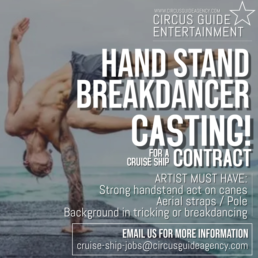 CircusAgency's tweet photo. Audition for male handstand artists with aerial skills and background in breakdance / tricking!

Contract starts: Beginning of February till  Beginning of October
Well paid job, airfares, food, accommodations, insurance provided…

ARTIST MUST HAVE:
Dynamic handstand act on cane https://t.co/ZQIwQT7AXq