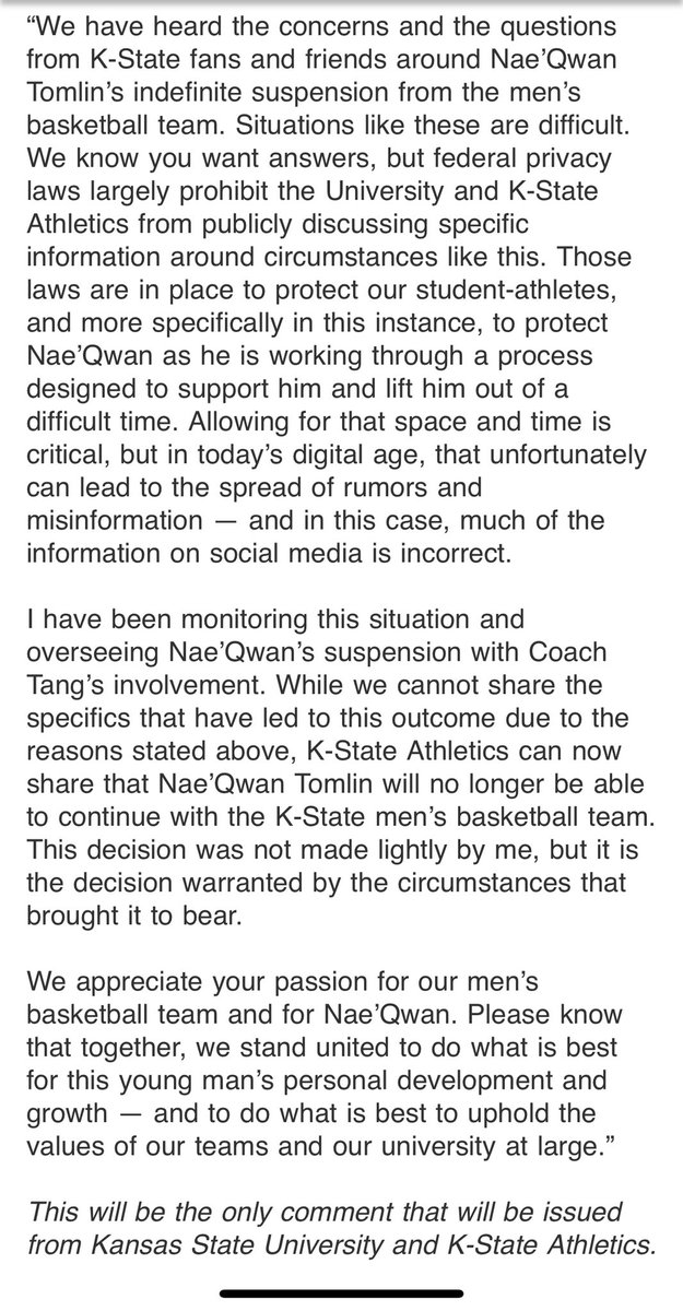 LifeofFitz's tweet photo. I want to be blunt. I have not spoken with Gene Taylor about this situation at all. Ever.

This statement, in my opinion, came under threat of repercussions for him and K-State basketball by President Richard Litton. It is my belief that this was Litton's decision, not Gene's. https://t.co/MQf87Z2VDH