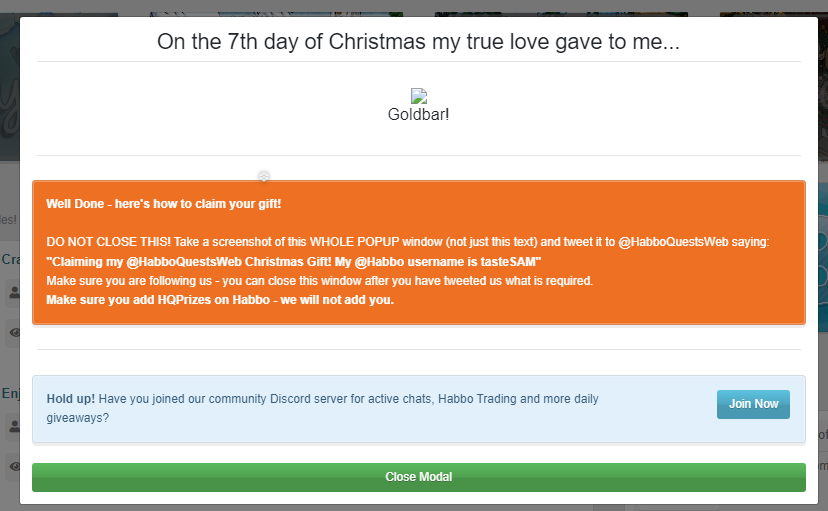 TasteSam's tweet photo. Claiming my @HabboQuestsWeb Christmas Gift! My @Habbo username is tasteSAM https://t.co/UFMBmchZzF