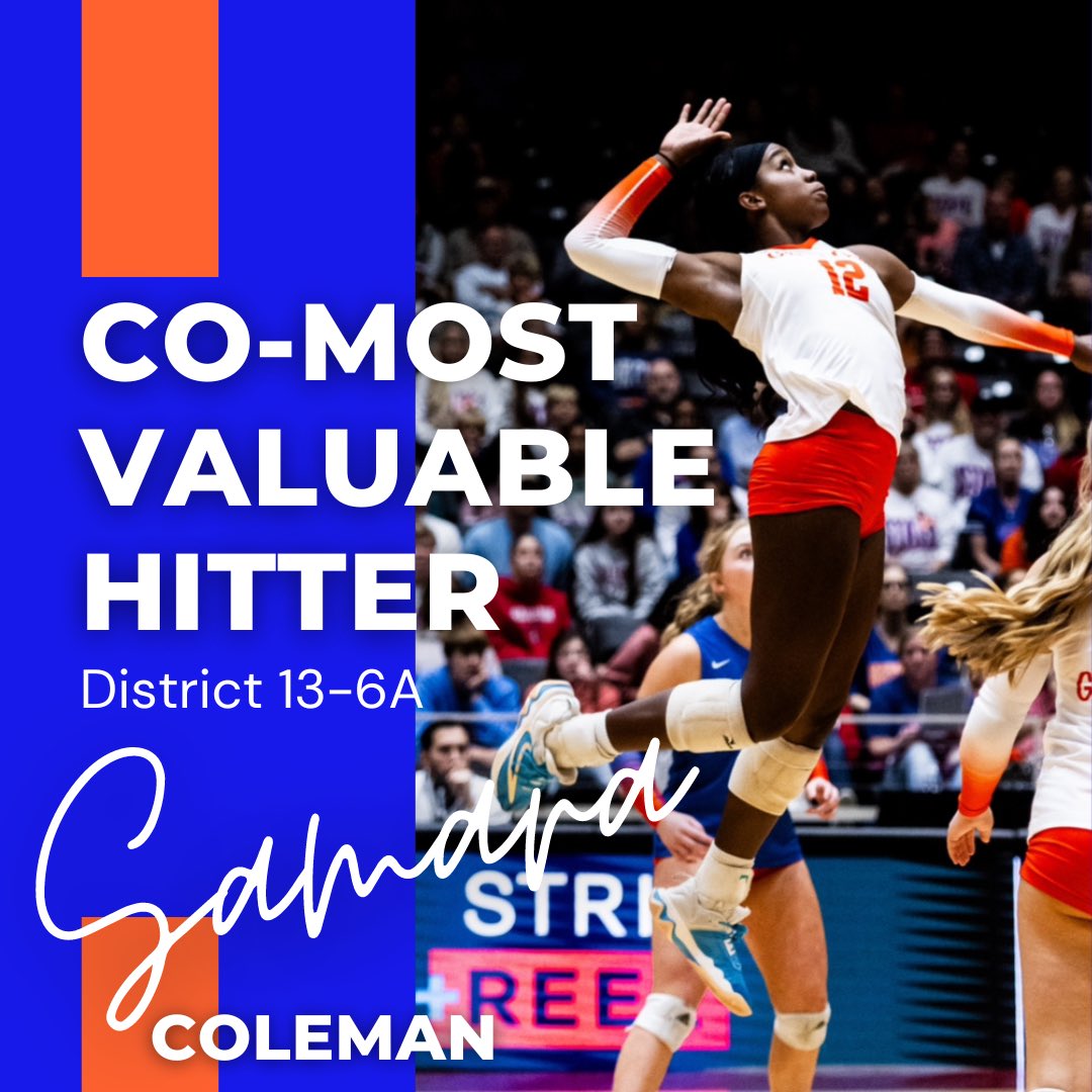 Congratulations to Samara Coleman (Jr) for being voted as the District 13-6A Co-Most Valuable Hitter! Powerful, dynamic, high flying, and efficient - we are so lucky to have you on our side of the net! Big time player who showed up BIG all season! We are so proud of you! 🧡💙