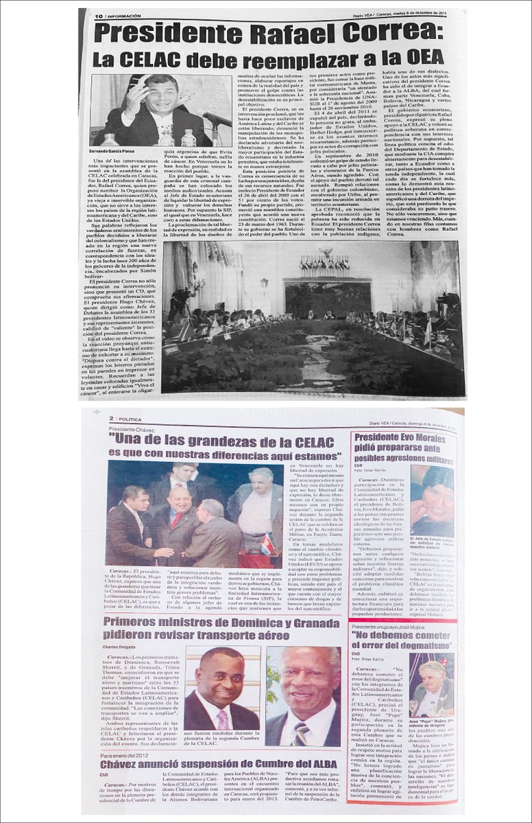 CELAC, PIEDRA FUNDAMENTAL DE LA UNIDAD LATINOAMERICANA (DIARIO VEA, 3 y 4 diciembre 2011) 'Estamos poniendo aquí la piedra fundamental de la unidad, la independencia suramericana. Solo la unidad nos hará libres' 🌍❤️ 'Ya basta de que nos pongan a pelear…Entre nosotros no habrá…