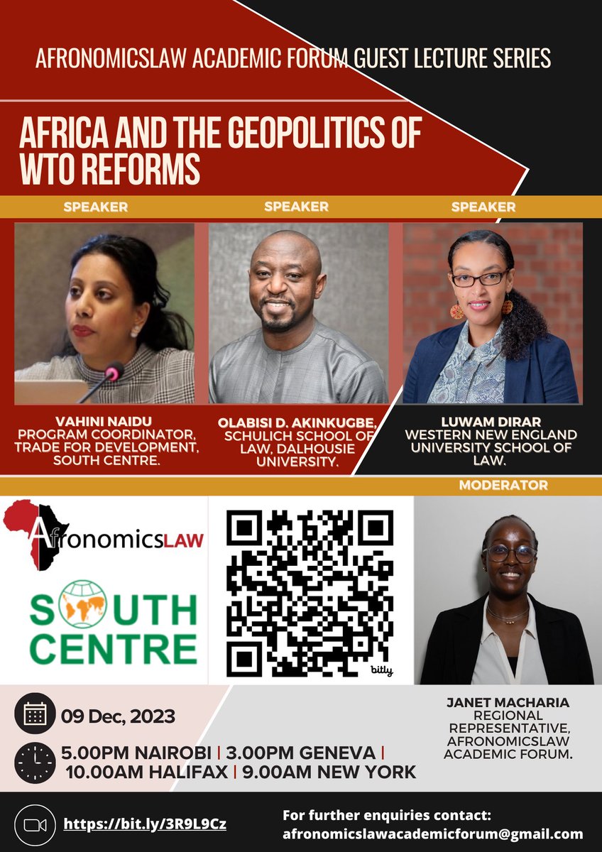 #EVENT: Afronomicslaw and The South Centre (@South_Centre) are pleased to invite you to join our collaborative Webinar: Title: Africa and the Geopolitics of WTO Reforms Date: Saturday, December 9, 2023 Zoom Registration 🔗 ⬇️ afronomicslaw.org/category/news-…