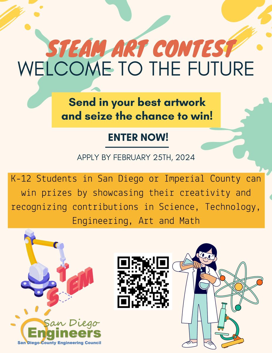 Calling all creative minds! Help inspire the next generation of engineers and scientists by putting the Art in S.T.E.(A)M. Use your art to show inventive and creative ways engineers contribute to a better and brighter world for all.  buff.ly/3GuoyMd