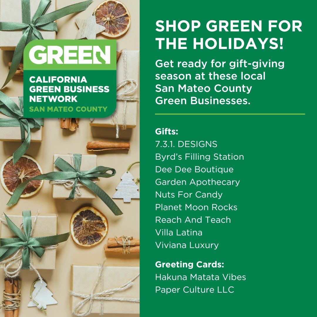 SustainSMC's tweet photo. Shop locally for gifts at San Mateo County Green Businesses this holiday season! 🎁

These businesses work with @greenbusinessca to implement practices that reduce waste, conserve energy and more. 

#greenbusiness #sanmateocounty https://t.co/OksxYE6ExL